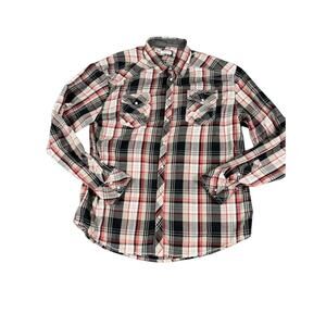 BKE Athletic Fit Men's 2XL Pearl Snap Shirt Western Red Black Plaid Long Sleeve